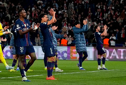 PSG's celebrate after the Champions League semifinal first leg soccer match between Paris Saint-Germain and Bayern Munich in Paris.