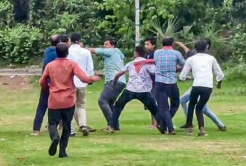 TMC and ISF supporters, after a clash broke out over allegations of appointing fake polling agents during the second and final phase of the West Bengal Assembly elections, at Booth No. 147 in Ramchandrapur under Rajhati-1 Panchayat in Khanakul, Hooghly district.