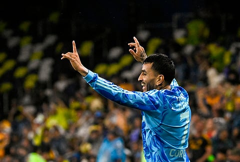 UANL Tigres forward Ángel Correa (7) celebrates his goal against Nashville SC during the first half of an CONCACAF Champions Cup first leg semifinal soccer match in Nashville, Tennessee.