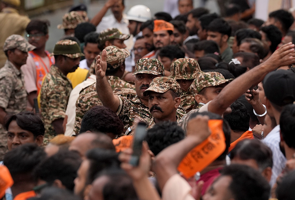 Central Armed Police Forces personnel patrol on the eve of the second phase of the West Bengal Assembly elections.