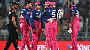 | Photo: AP : Rajasthan Royals' players celebrate after winning the Indian Premier League cricket match against Lucknow Super Giants in Lucknow.