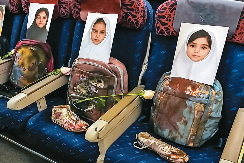 Grounded Lives: An Iranian delegation traveling to Islamabad in April 2026 for peace talks made a symbolic gesture by placing photographs and belongings of children killed in the Minab school strike on empty airplane seats - | Photo: Hamed Malekpour
