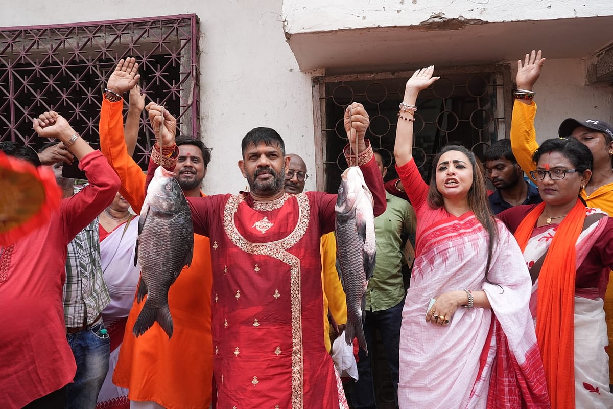 All India Trinamool Congress (Trinamool) claims The Bharatiya Janata Party (BJP) is “not Bengali”. Breaking this perception, BJP candidate Rakesh Singh, Kolkata Port Assembly constituency in the upcoming West Bengal Assembly elections held a morning procession following traditional Bengali customs, women wore sarees, carrying fish in their hands, while campaigning door to door on the day of Bengali New Year. - Photo by Sandipan Chatterjee 