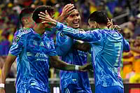| Photo: AP/John Amis : UANL Tigres forward Ángel Correa, right, celebrates his goal against Nashville SC with Francisco Reyes, second from right, and other team mates during the first half of an CONCACAF Champions Cup first leg semifinal soccer match in Nashville, Tennessee. 