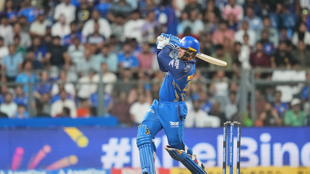 Mumbai Indians' Ryan Rickelton plays a shot during the Indian Premier League cricket match between Mumbai Indians and Sunrisers Hyderabad in Mumbai, India, Wednesday, April 29, 2026. - AP Photo/Rafiq Maqbool