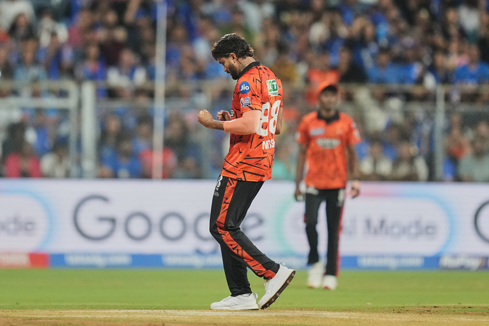 Sunrisers Hyderabad's Nitish Kumar Reddy celebrates the wicket of Mumbai Indians' Will Jack during the Indian Premier League cricket match between Mumbai Indians and Sunrisers Hyderabad in Mumbai, India.