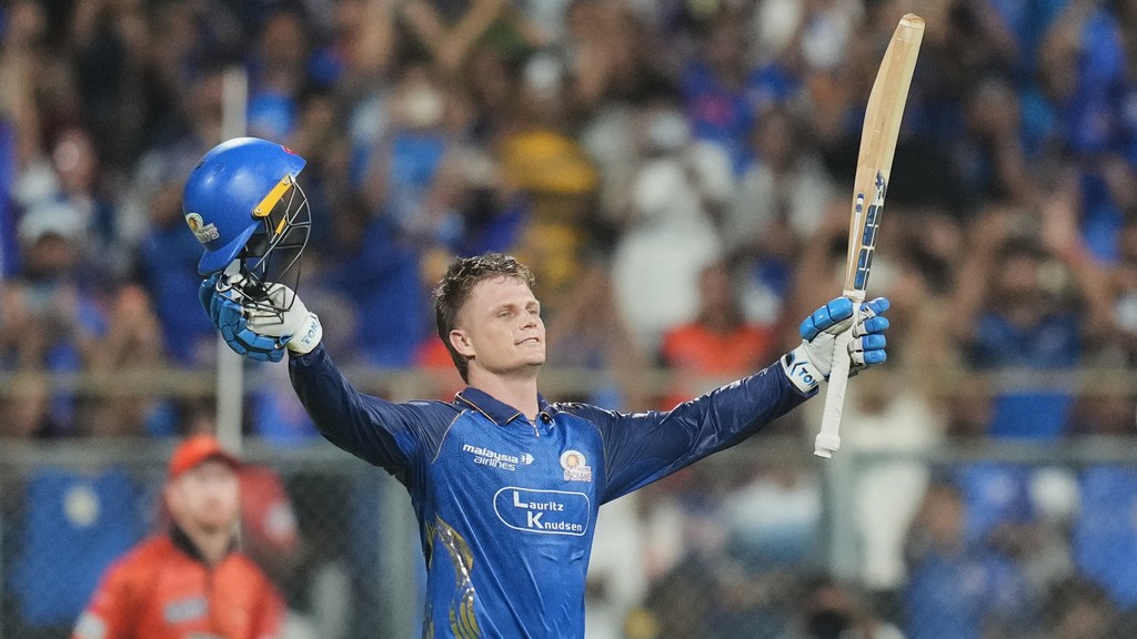 Mumbai Indians' Ryan Rickelton celebrates his century during the Indian Premier League cricket match between Mumbai Indians and Sunrisers Hyderabad in Mumbai, India, Wednesday, April 29, 2026. - AP Photo/Rafiq Maqbool