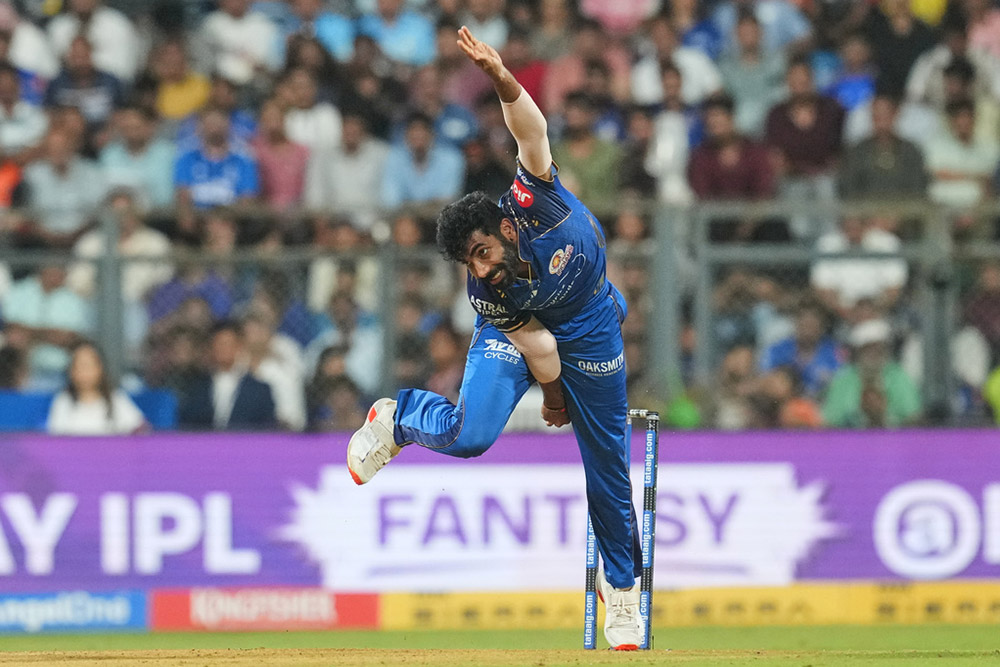 Mumbai Indians' Jasprit Bumrah bowls a delivery during the Indian Premier League cricket match between Mumbai Indians and Sunrisers Hyderabad in Mumbai, India.