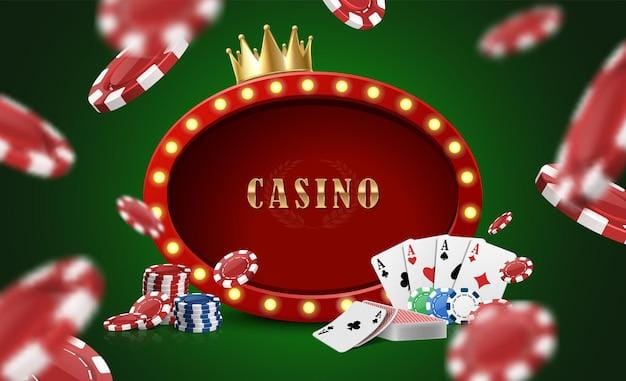 Casino sign with poker cards and flying chips