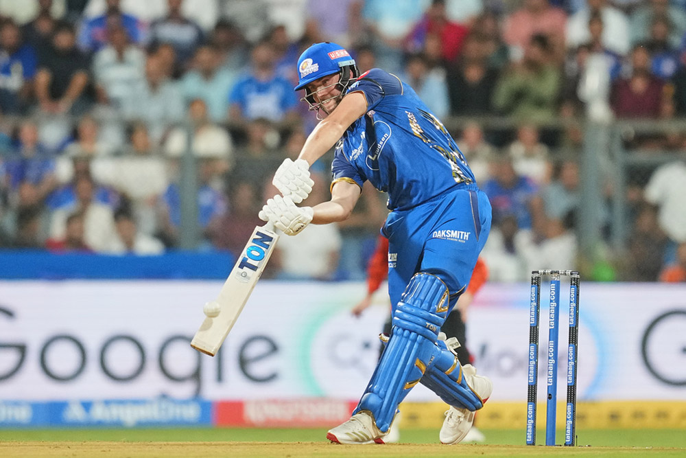 Mumbai Indians' Will Jack plays a shot during the Indian Premier League cricket match between Mumbai Indians and Sunrisers Hyderabad in Mumbai, India.