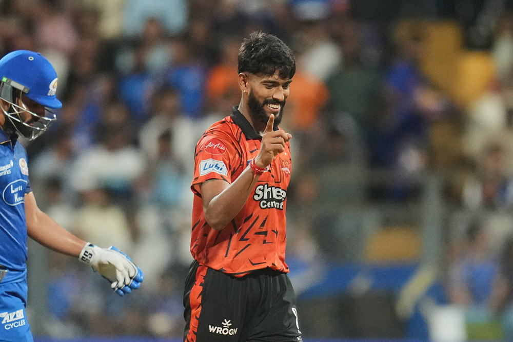 Sunrisers Hyderabad's Praful Hinge celebrates the wicket of Mumbai Indians' Naman Dhir during the Indian Premier League cricket match between Mumbai Indians and Sunrisers Hyderabad in Mumbai, India.