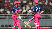 | Photo: PTI/Shiva Sharma : Rajasthan Royals' Yashasvi Jaiswal, right, and Dhruv Jurel interact between the wickets during the Indian Premier League (IPL) 2026 T20 cricket match between Punjab Kings and Rajasthan Royals, in Mullanpur.