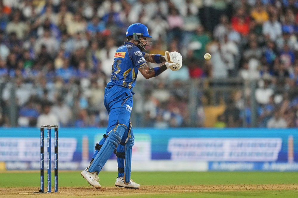 Mumbai Indians' captain Hardik Pandya plays a shot during the Indian Premier League cricket match between Mumbai Indians and Sunrisers Hyderabad in Mumbai, India.