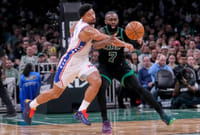 Boston Celtics 97-113 Philadelphia 76ers, NBA 2026 Playoffs: Embiid Stars In Crucial Victory | Photo: AP/Charles Krupa : Philadelphia 76ers guard Quentin Grimes, left, knocks the ball free on a steal attempt against Boston Celtics guard Jaylen Brown (7) during the second half of Game 5 of a first-round NBA playoffs basketball series in Boston.