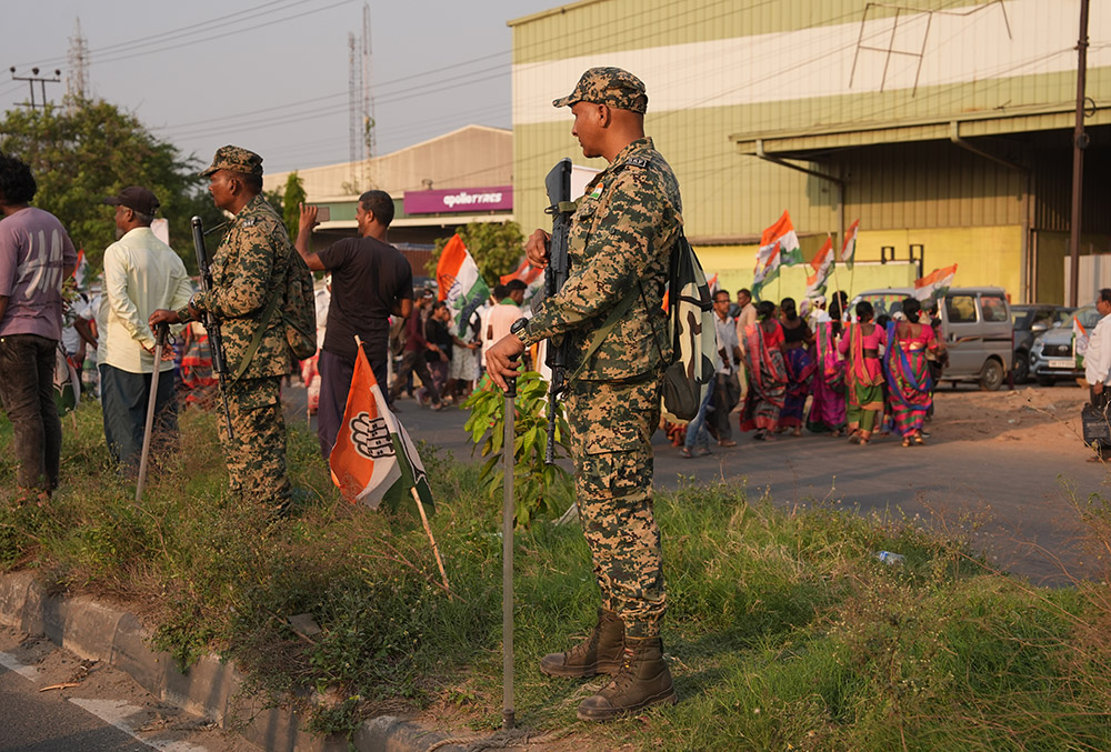 Armed security personnel keep vigil amid the West Bengal Assembly elections, in Kolkata.