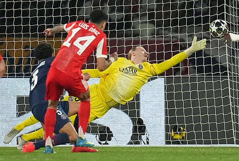 Bayern's Luis Diaz scores his side's fourth goal past PSG's goalkeeper Matvey Safonov during the Champions League semifinal first leg soccer match between Paris Saint-Germain and Bayern Munich in Paris.