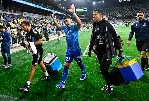 UANL Tigres defender Jesús Angulo (27) leaves the field after winning an CONCACAF Champions Cup first leg semifinal soccer match against Nashville SC Tuesday, April 28, 2026, in Nashville, Tennessee.