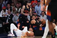 NY Knicks 126-97 Atlanta Hawks, NBA 2026 Playoffs: Brunson Helps Team Take 3-2 Lead | Photo: AP/Frank Franklin II : New York Knicks' Karl-Anthony Towns, right, and Jose Alvarado fights for control of the ball with Atlanta Hawks' CJ McCollumm below, during the first half in Game 5 of a first-round NBA playoffs basketball series, in New York.