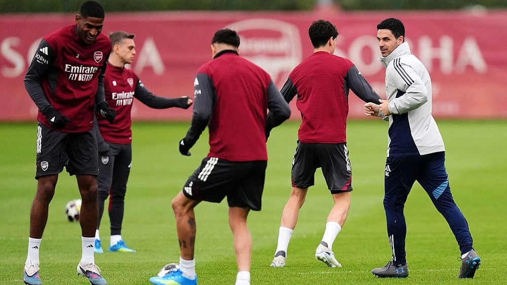 Arsenal manager Mikel Arteta during a training session in London. - | Photo: John Walton/PA via AP
