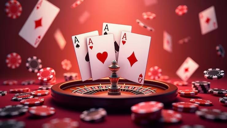 Four aces, roulette wheel, and casino chips