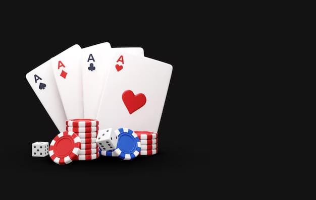 Four ace cards, casino chips, and white dice