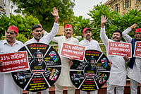 Samajwadi Party opposes women reservation bill in Uttar Pradesh PTI : Samajwadi Party leaders stage a protest, accusing the BJP of misleading the people on the issue of women's reservation, during the special one-day session of the Uttar Pradesh Assembly, in Lucknow