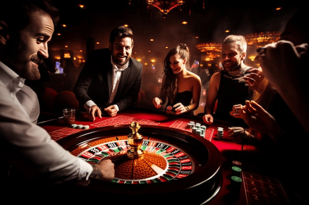 People playing roulette in a dimly lit