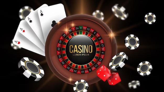 Casino roulette wheel with aces, chips, and dice