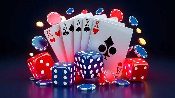 Playing cards, dice, and floating casino chips