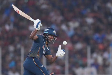 Gujarat Titans' Sai Sudharsan plays a shot during the Indian Premier League cricket match between Gujarat Titans and Royal Challengers Bengaluru in Ahmedabad, India.