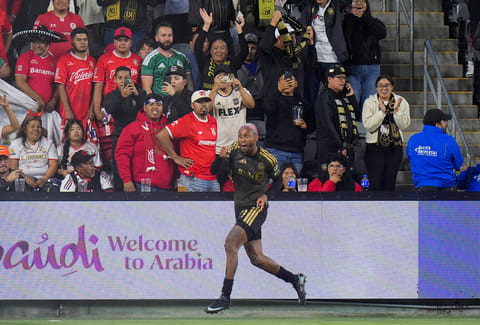 LAFC defender Nkosi Tafari celebrates his goal during the second half of the first leg of a CONCACAF Champions Cup semifinal soccer match against Toluca in Los Angeles. 