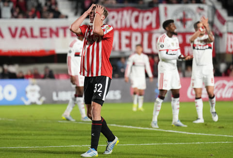Maximo Desabato of Argentina's Estudiantes de La Plata reacts after missing a chance to score against Brazil's Flamengo during a Copa Libertadores Group A soccer match in La Plata, Argentina.