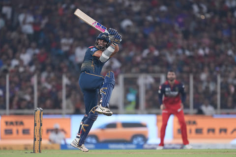 Gujarat Titans' Washington Sundar plays a shot during the Indian Premier League cricket match between Gujarat Titans and Royal Challengers Bengaluru in Ahmedabad, India.