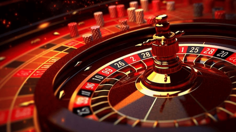 Golden roulette wheel and casino betting chips