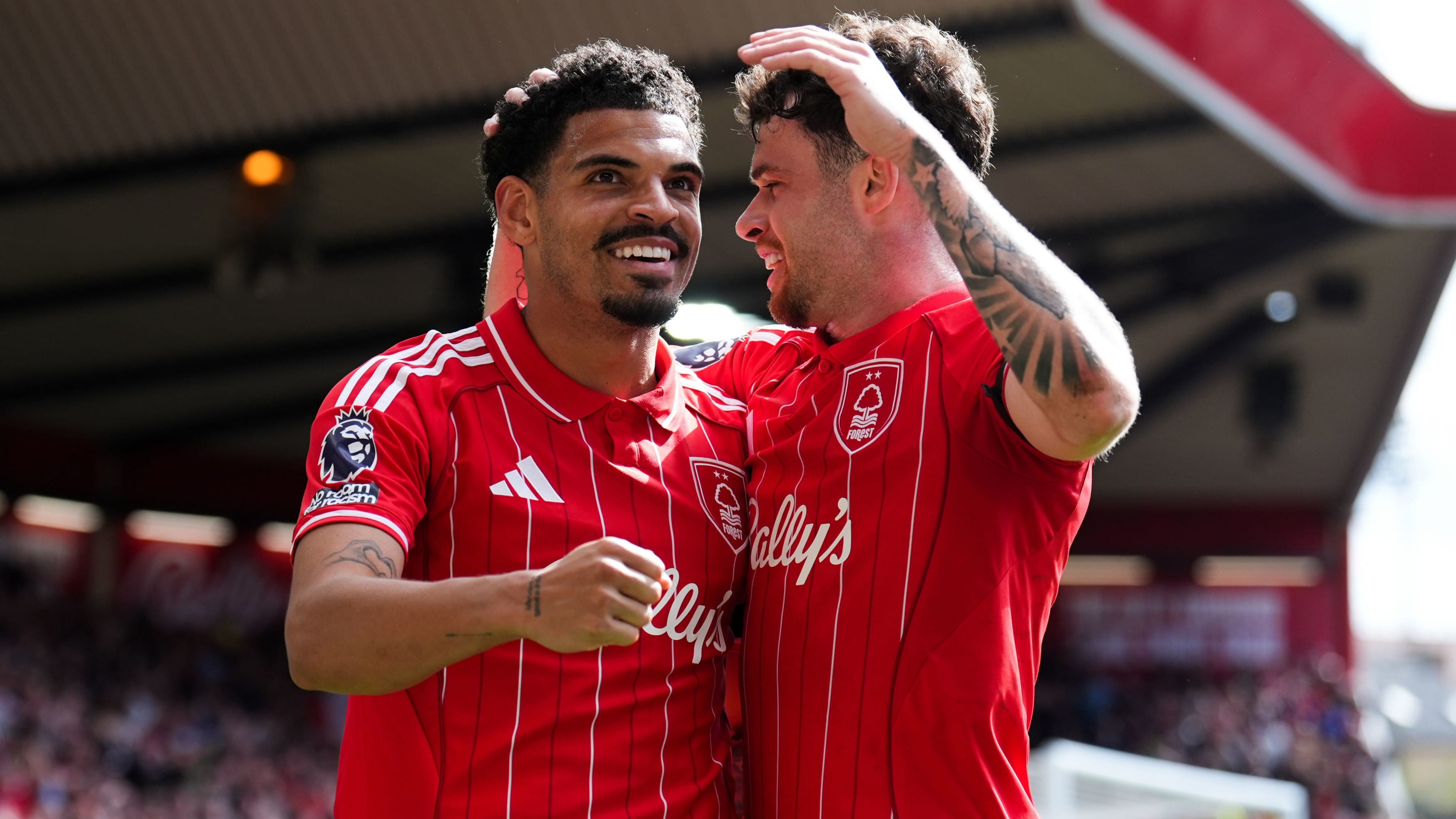 Nottingham Forest's Morgan Gibbs-White celebrates scoring his sides third goal with Neco Williams to complete his hat-trick during the English Premier League soccer match between Nottingham Forest and Burnley in Nottingham, England, Sunday April 19, 2026.  - | Photo: AP/Mike Egerton