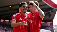 | Photo: AP/Mike Egerton : Nottingham Forest's Morgan Gibbs-White celebrates scoring his sides third goal with Neco Williams to complete his hat-trick during the English Premier League soccer match between Nottingham Forest and Burnley in Nottingham, England, Sunday April 19, 2026. 