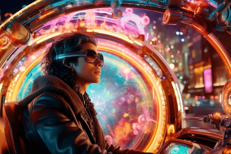 Person in sunglasses in a glowing neon-lit cockpit.