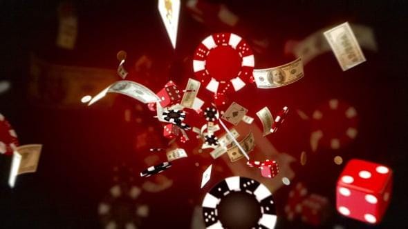 Flying poker chips, red dice, and dollar bills