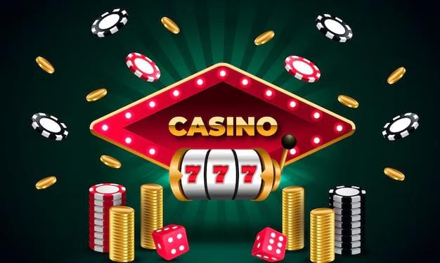 Slot machine with 777, coins, chips, and dice