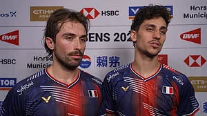Photo: BWF video screengrab : France's doubles pairing of Eloi Adam and Leo Rossi speaking after reaching the Thomas Cup quarter-finals.