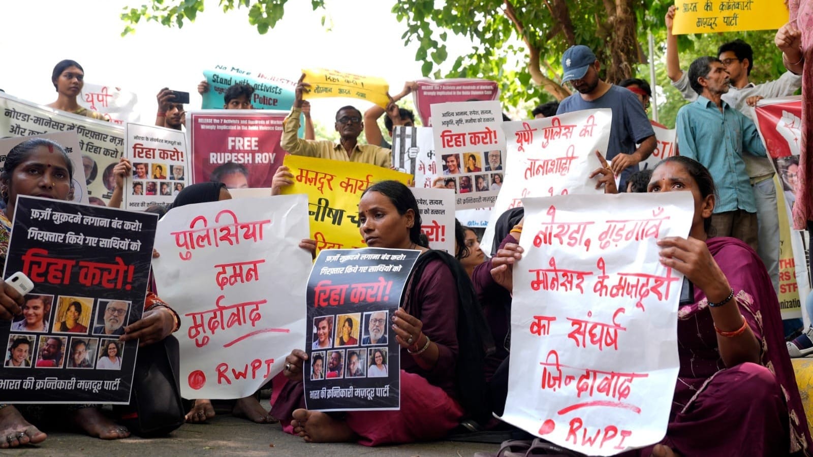 Supporters take part in a protest against the arrest and detention of workers during the Noida factory protests, at Jantar Mantar in New Delhi. on April 30, 2026 - Credit: Suresh Kumar Pandey