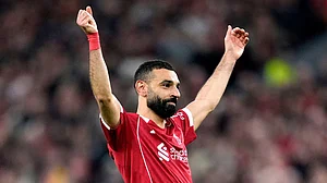 | Photo: AP/Jon Super : Liverpool's Mohamed Salah celebrates scoring his side's fourth goal during the second leg of the Champions League round of 16 soccer match between Liverpool and Galatasaray, in Liverpool, England.