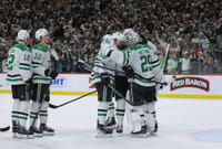 | Photo: AP/Bailey Hillesheim : Dallas Stars goaltender Jake Oettinger (29) is greeted by teammates after they lost Game 6 in the first round of the NHL hockey Stanley Cup playoff series against the Minnesota Wild, in St. Paul, Minnesota.