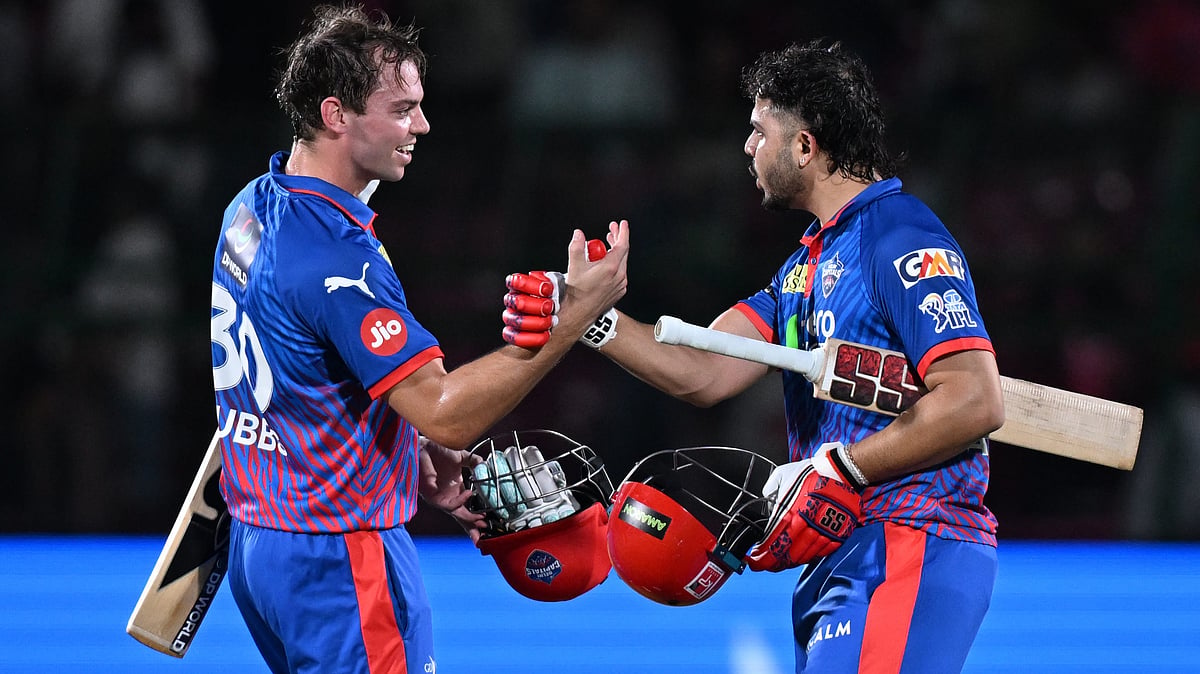 Delhi Capitals' Tristan Stubbs with batting partner Ashutosh Sharm celebrate after wining against Rajasthan Royals during the Indian Premier League cricket match in Jaipur, India, Friday, May, 1, 2026 - (AP Photo)
