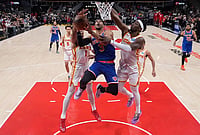 Atlanta Hawks 89-140 NY Knicks, NBA 2026 Playoffs: Karl-Anthony Towns Stars In Thumping Win | Photo: AP/Brynn Anderson : New York Knicks guard Josh Hart (3) shoots during Game 6 in a first-round NBA basketball playoffs series in Atlanta.
