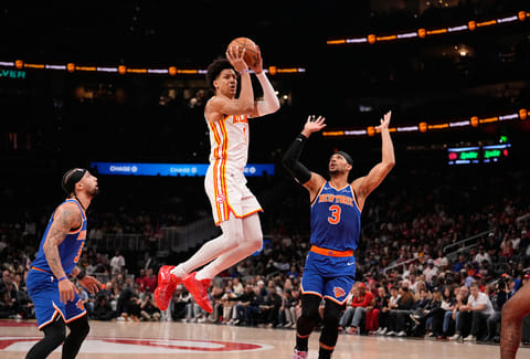 Atlanta Hawks forward Jalen Johnson (1) shoots the ball in the first half during Game 6 in a first-round NBA basketball playoffs series against the New York Knicks in Atlanta. 