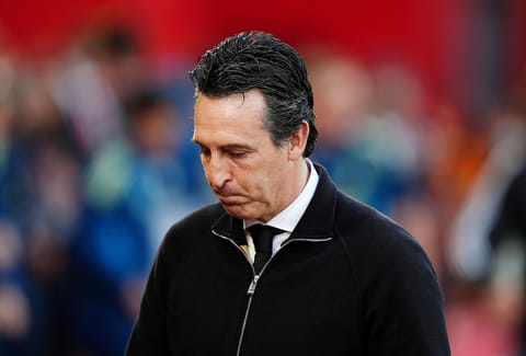 Aston Villa manager Unai Emery reacts during the Europa League semifinal first leg soccer match between Nottingham Forest and Aston Villa in Nottingham, England.