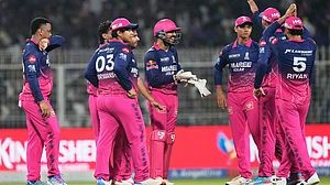 | Photo: AP/Bikas Das : Rajasthan Royals' Dhruv Jurel, center, celebrates with teammates after stumping Kolkata Knight Riders' Cameron Green out during the Indian Premier League cricket match between Kolkata Knight Riders and Rajasthan Royals in Kolkata, India.