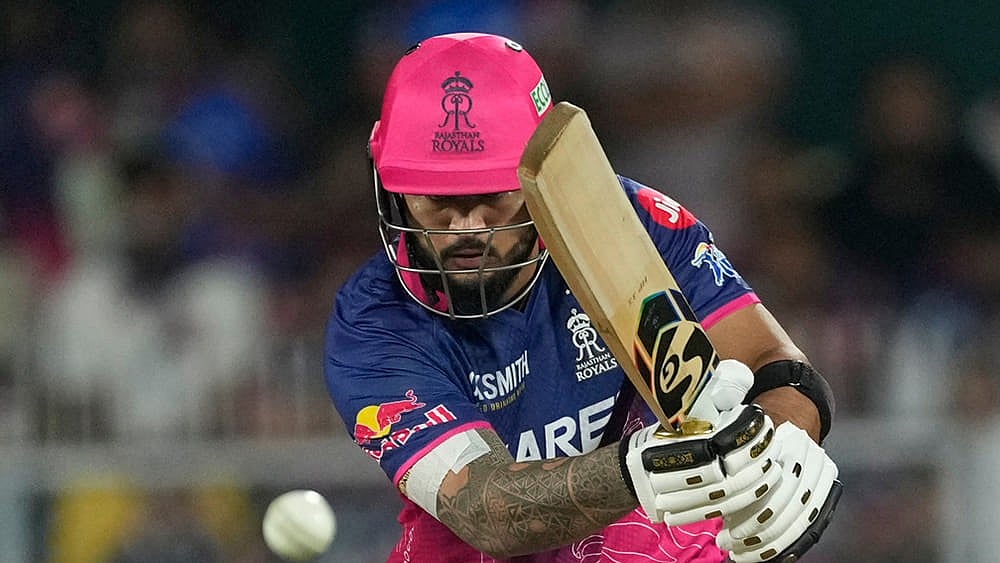 Rajasthan Royals' captain Riyan Parag plays a shot during the Indian Premier League cricket match between Mumbai Indians and Rajasthan Royals in Guwahati. - | Photo: AP/Anupam Nath