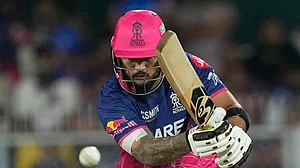 | Photo: AP/Anupam Nath : Rajasthan Royals' captain Riyan Parag plays a shot during the Indian Premier League cricket match between Mumbai Indians and Rajasthan Royals in Guwahati.